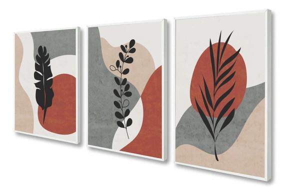 Kit 3 Quadros Abstrato Folhagem Geométrico Decoração Moldura