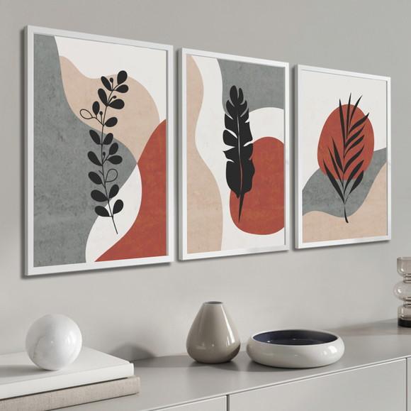 Kit 3 Quadros Abstrato Folhagem Geométrico Decoração Moldura