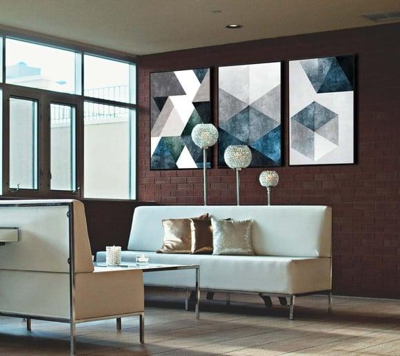 Kit 3 Quadros Abstrato Geométrico Azul Conjunto Com Molduras