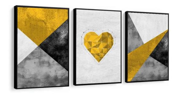 Kit 3 Quadros Abstrato Geométrico Amarelo Decoração Moldura