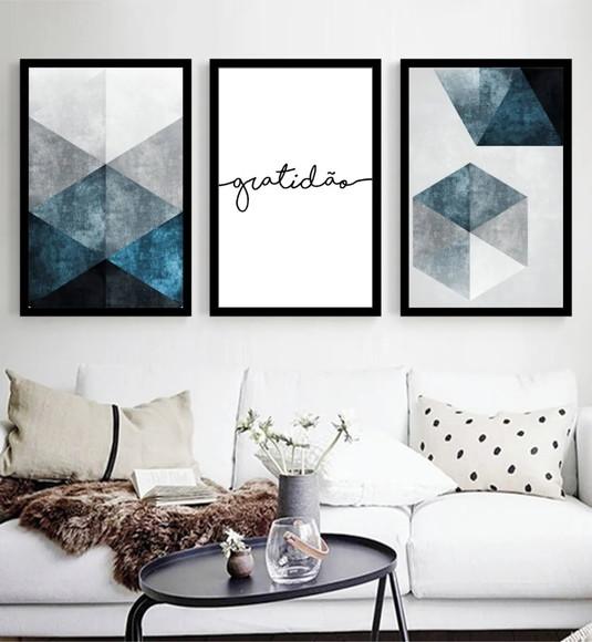Kit 3 Quadros Abstrato Geométrico Decoração Gratidão Moldura