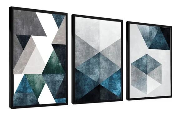 Kit 3 Quadros Abstrato Geométrico Azul Conjunto Com Molduras