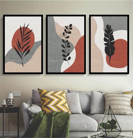 Kit 3 Quadros Abstrato Geométrico Folhagem Decoração Moldura