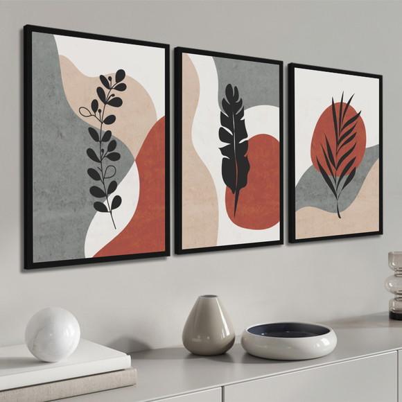Kit 3 Quadros Abstrato Geométrico Folhagem Decoração Moldura
