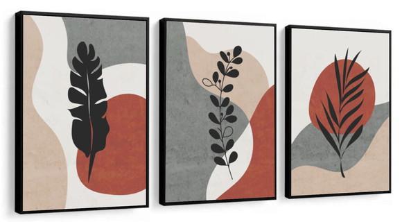 Kit 3 Quadros Abstrato Geométrico Folhagem Decoração Moldura