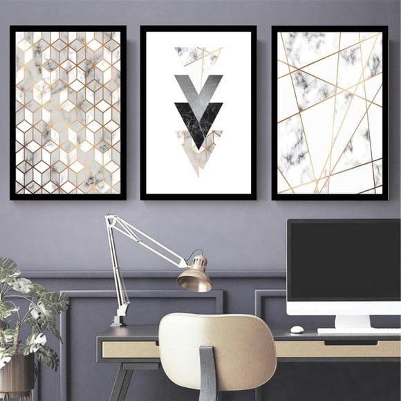 Kit 3 Quadros Abstrato Geométrico Mármore Decoração Molduras