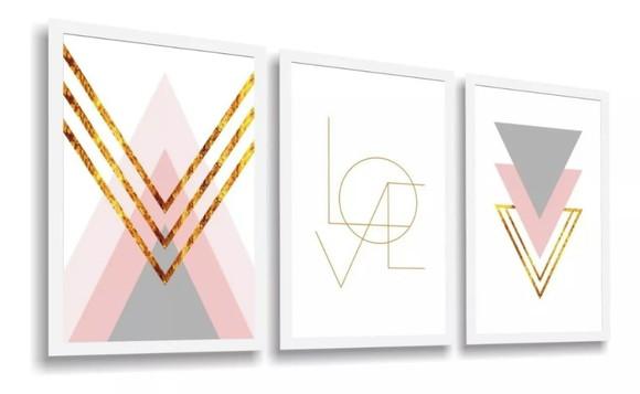 Kit 3 Quadros Abstrato Geométrico Love Rosa Dourado Molduras