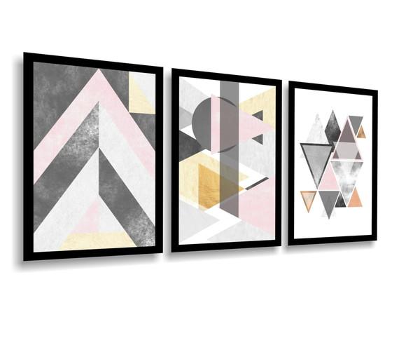 Kit 3 Quadros Abstrato Geométrico Tons Rose Conjunto Moldura