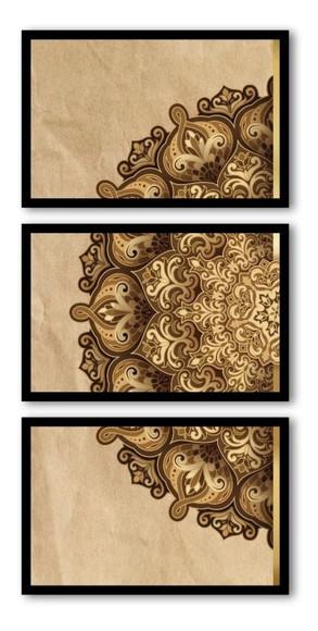Kit 3 Quadros Abstrato Mandala Dourada Decoração Com Moldura