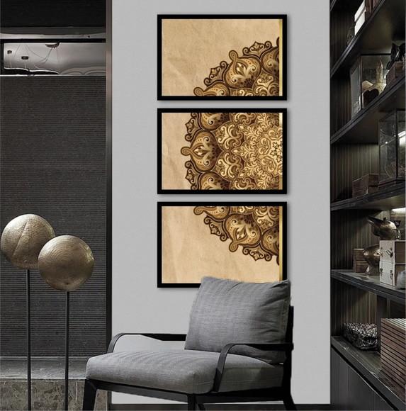 Kit 3 Quadros Abstrato Mandala Dourada Decoração Com Moldura