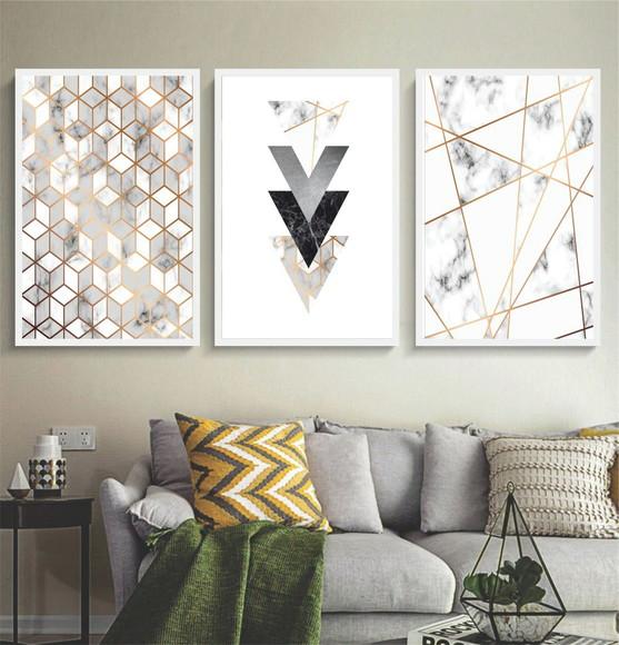 Kit 3 Quadros Abstrato Mármore Geométrico Decoração Molduras