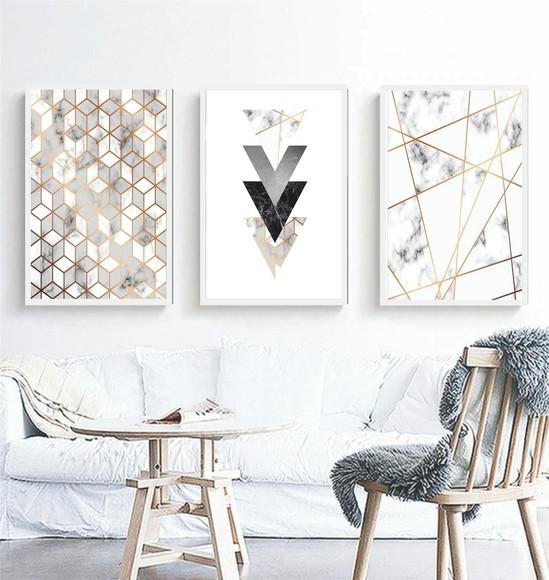 Kit 3 Quadros Abstrato Mármore Geométrico Decoração Molduras