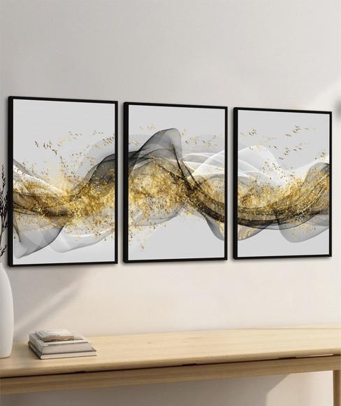 Kit 3 Quadros Abstrato Mármore Gold Cinza Decoração Molduras