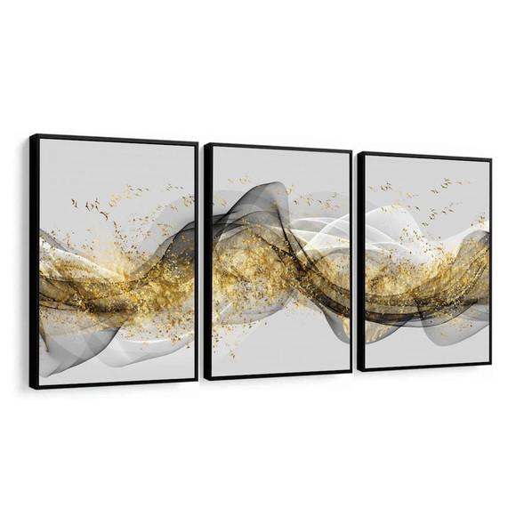 Kit 3 Quadros Abstrato Mármore Gold Cinza Decoração Molduras