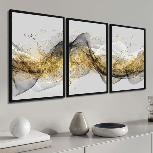 Kit 3 Quadros Abstrato Mármore Gold Cinza Decoração Molduras