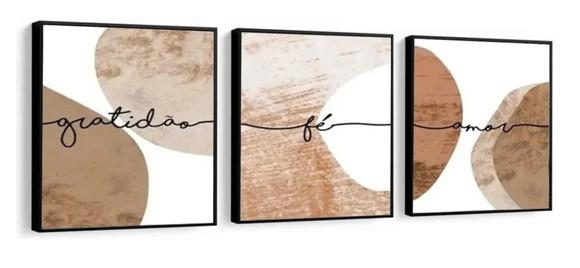 Kit 3 Quadros Abstrato Marrom Frases Amor Decoração Molduras