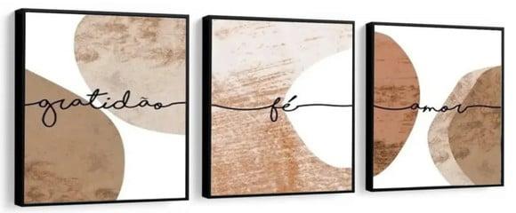 Kit 3 Quadros Abstrato Marrom Frases Amor Decoração Molduras