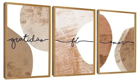 Kit 3 Quadros Abstrato Marrom Frases Amor Decoração Molduras