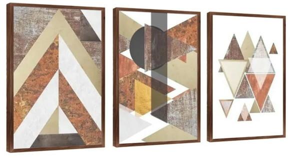 Kit 3 Quadros Abstrato Marrom Geométrico Decoração Molduras