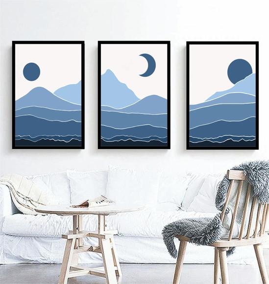 Kit 3 Quadros Abstrato Paisagem Azul Lua Decoração Moldura