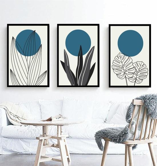 Kit 3 Quadros Abstratos Decoração Folhagem Azul Com Moldura