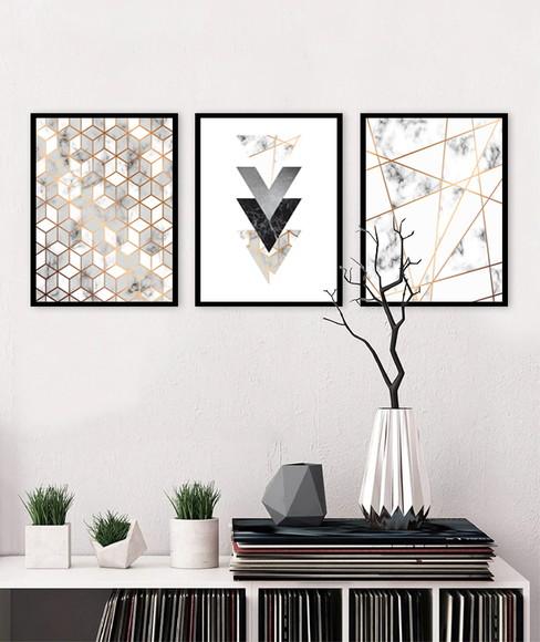 Kit 3 Quadros Abstratos Geométrico Mármore Decoração Moldura
