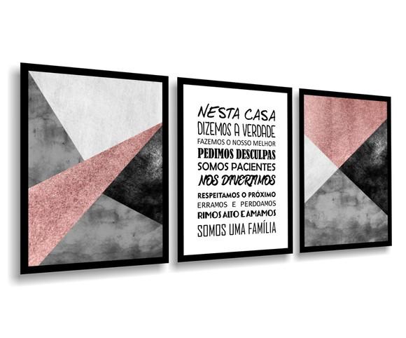 Kit 3 Quadros Abstratos Geométrico Rosê Frases Lar Moldura