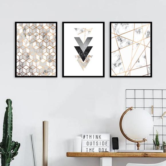Kit 3 Quadros Abstratos Geométrico Mármore Decoração Moldura