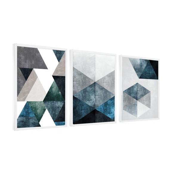 Kit 3 Quadros Abstratos Geométricos Azul Decoração Moldura