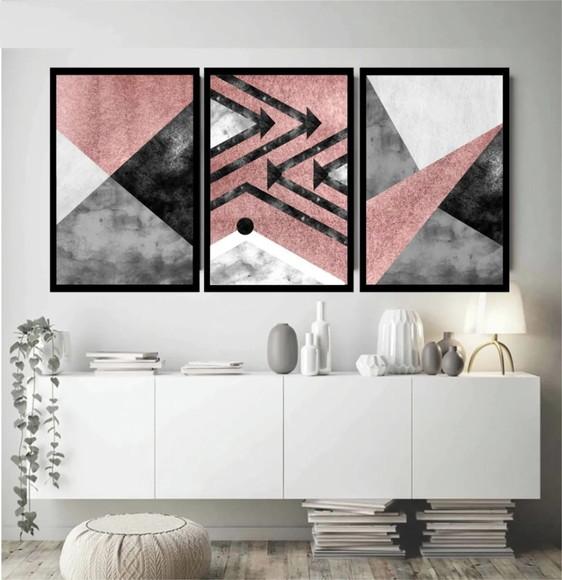 Kit 3 Quadros Abstratos Geométricos Rosa Decoração Molduras
