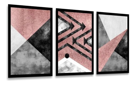 Kit 3 Quadros Abstratos Geométricos Rosa Decoração Molduras