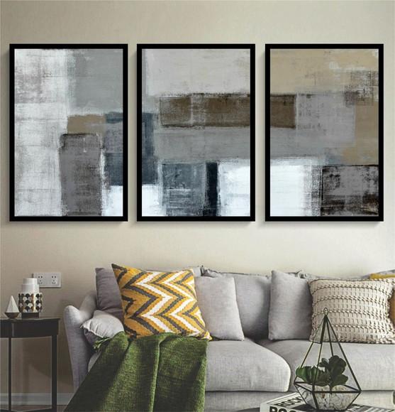 Kit 3 Quadros Abstratos Marrom Neutro Decoração Com Molduras