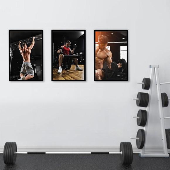 Kit 3 Quadros Academia Musculação Fitness Decoração Moldura