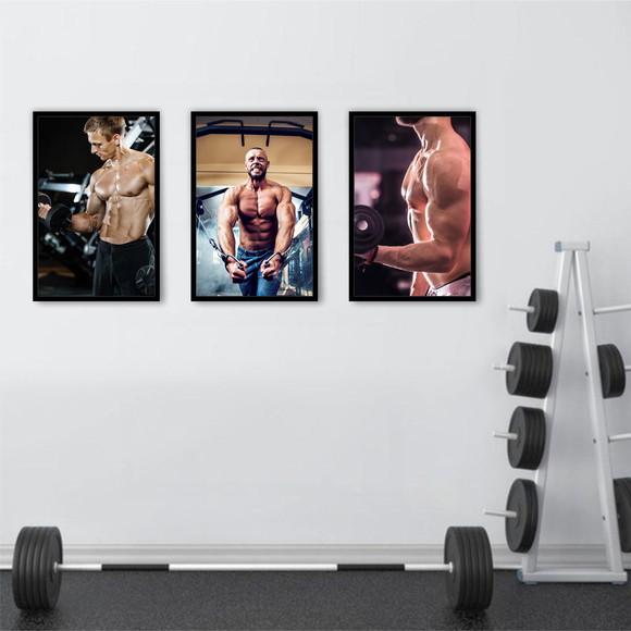 Kit 3 Quadros Academia Musculação Fitness Decoração Moldura