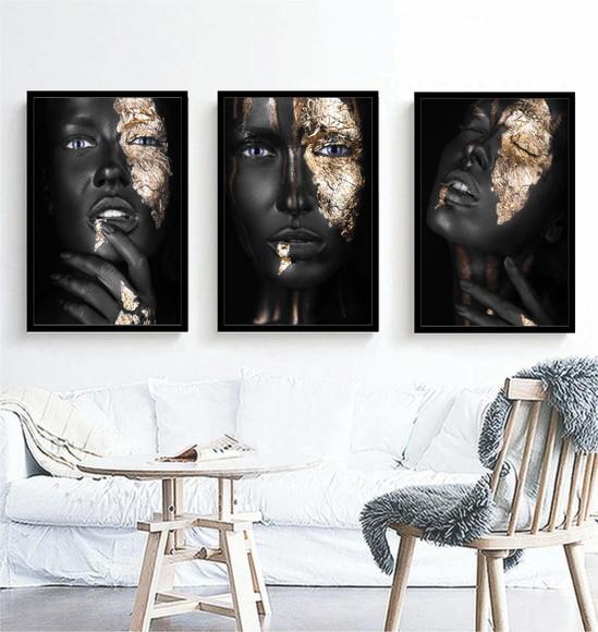 Kit 3 Quadros Africanas Mulheres Maquiagem Decoração Moldura