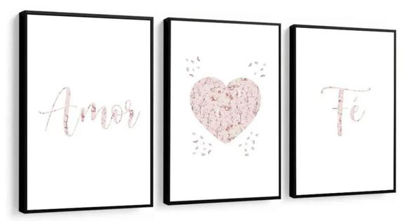 Kit 3 Quadros Amor Fé Coração Rosa Decoração Casal Moldura