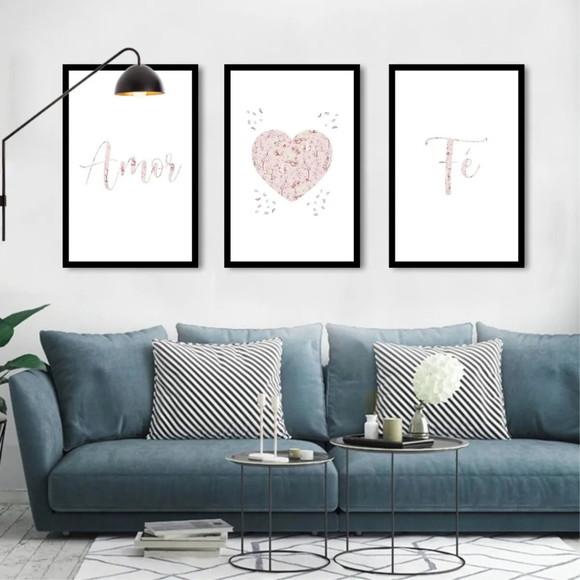 Kit 3 Quadros Amor Fé Coração Rosa Decoração Casal Moldura