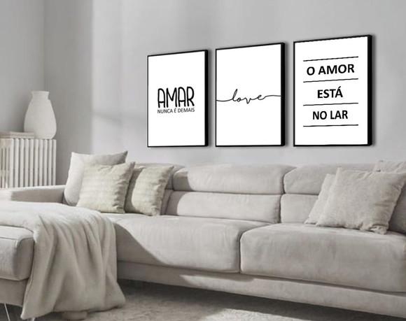 Kit 3 Quadros Amor Love Casal Decoração Frases Com Moldura