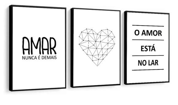 Kit 3 Quadros Amor Love Casal Decoração Frases Com Moldura