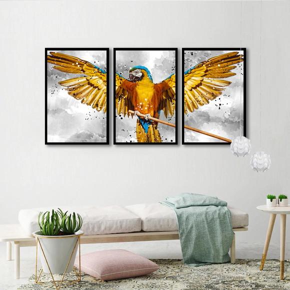 Kit 3 Quadros Animais Arara Conjunto Decoração Com Molduras
