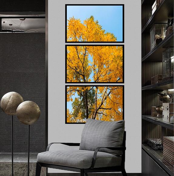 Kit 3 Quadros Arvore Amarela Decoração Folhagens Com Moldura