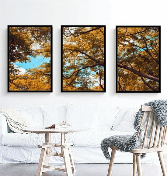 Kit 3 Quadros Arvore Amarela Folhagem Decoração Com Molduras