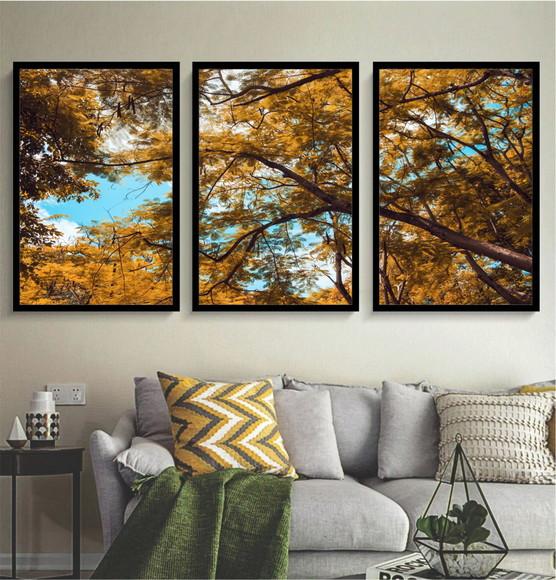 Kit 3 Quadros Arvore Amarela Folhagem Decoração Com Molduras