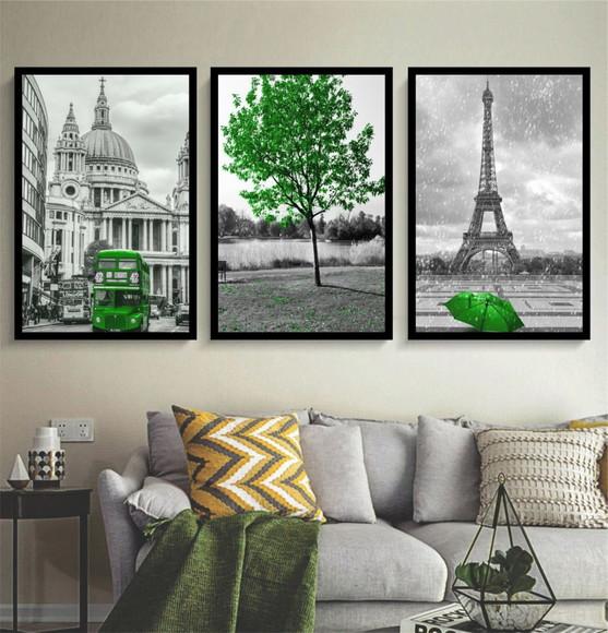 Kit 3 Quadros Arvore Cidade Decoração Paris Londres Molduras