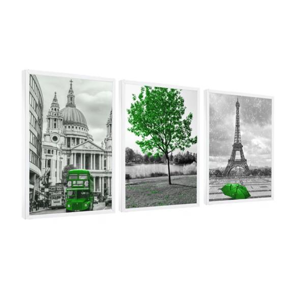 Kit 3 Quadros Arvore Cidades Decoração Paris Londres Moldura
