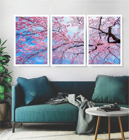 Kit 3 Quadros Arvore Flor Cerejeira Galho Decoração Moldura