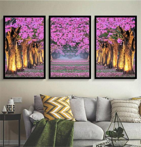 Kit 3 Quadros Arvore Flor De Cerejeira Decoração Com Moldura