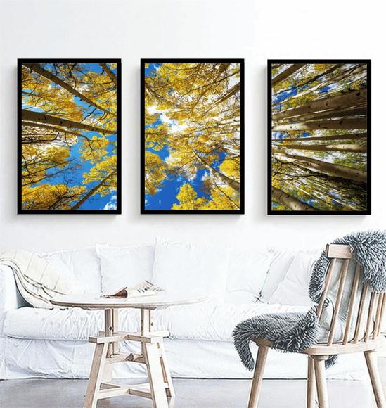 Kit 3 Quadros Arvore Florestas Amarela Decoração Com Moldura