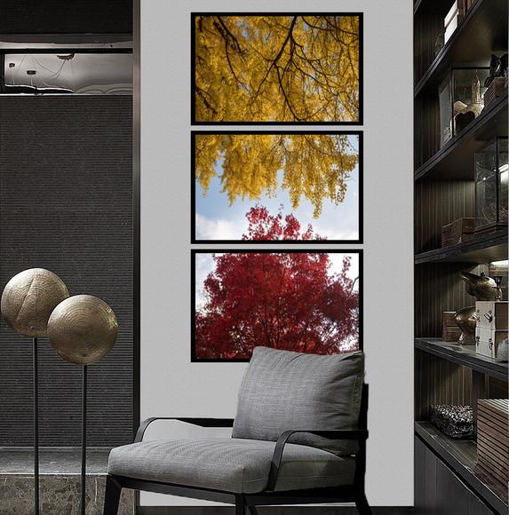 Kit 3 Quadros Arvore Folhagem Decoração Paisagem Com Moldura