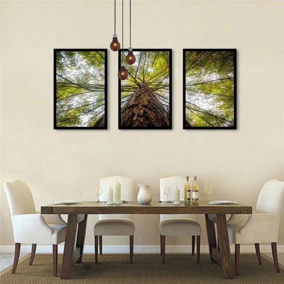 Kit 3 Quadros Arvore Folhagem Verde Galhos Decoração Moldura
